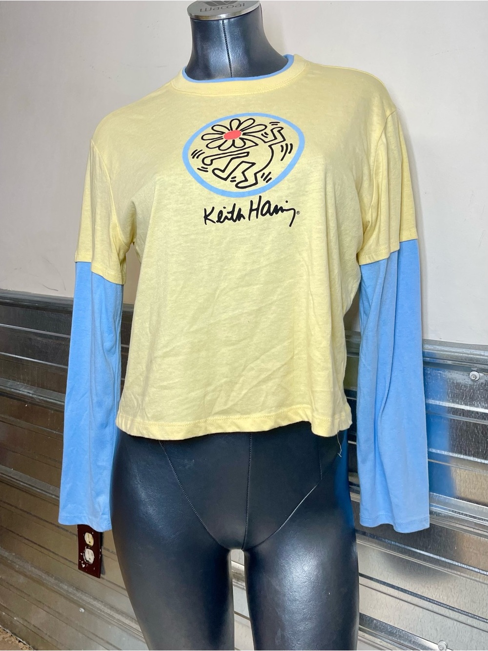 Keith Haring Graphic Crop Top Layered Look Yellow Blue Long Sleeve Womens - Picture 2 of 8